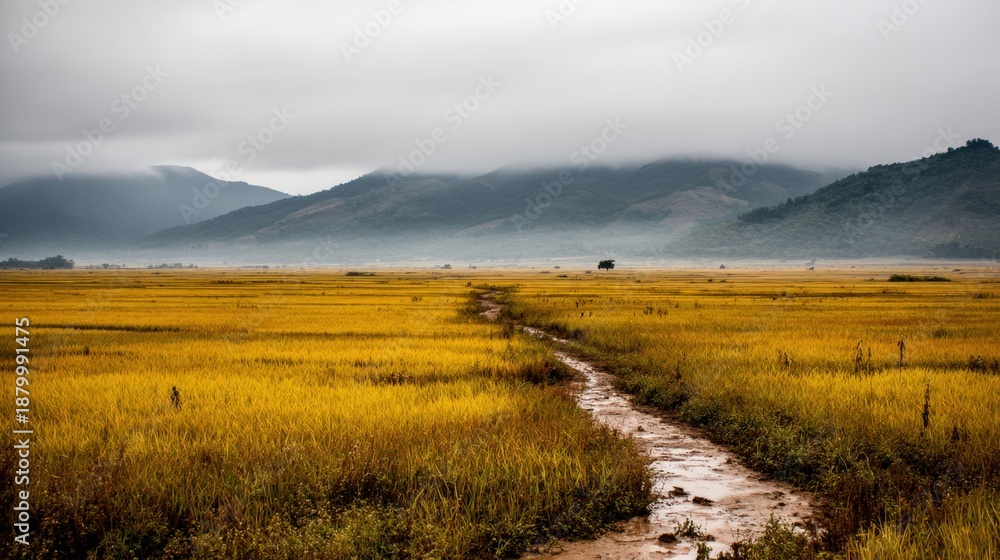 Obraz premium Golden rice fields under a cloudy sky with a winding path