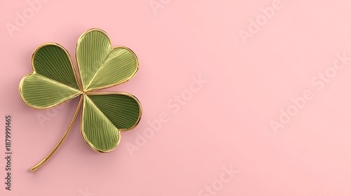 A golden four leaf clover resting on a soft pastel pink background
