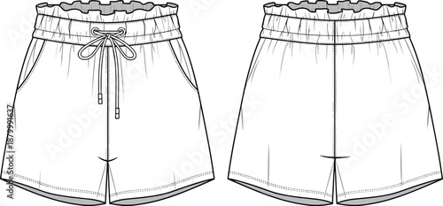 Women's Paperbag Waist Shorts Fashion Technical Illustration Flat Sketch with Elastic Drawstring Waistband and Front Pockets for Apparel Design Template