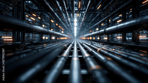 Data pipeline technology cyber security network tunnel metallic perspective futuristic depth motion blur glowing connection