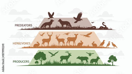 Ecological Food Chain Pyramid Illustrating Producers Herbivores and Predators.