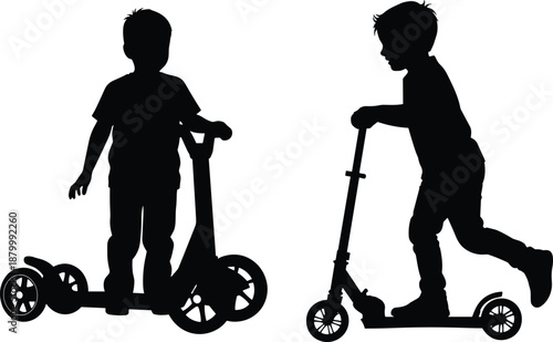 Silhouette kids riding scooters, boy and girl on two and three wheel scooters, outdoor play, childhood activity, vector illustration
