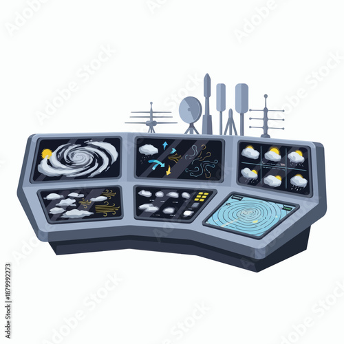 Futuristic Weather Station Control Panel with Multiple Screens and Antennas 1.