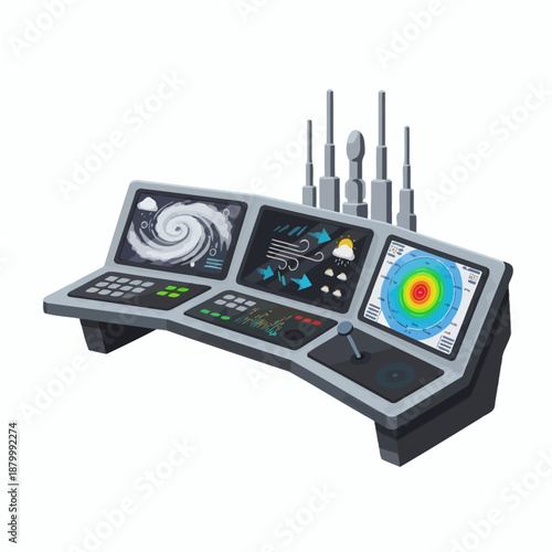 Futuristic Weather Station Control Panel with Multiple Screens and Antennas.