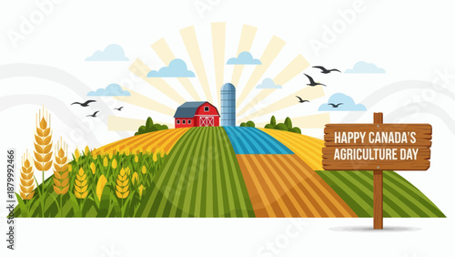Happy Canada Agriculture Day Farm Landscape with Barn and Fields.