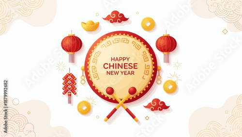 Happy Chinese New Year Celebration with Traditional Drum and Decorations.