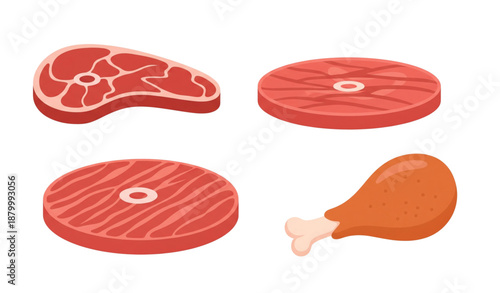 Raw meat products flat vector illustration set with beef chicken and burger patty