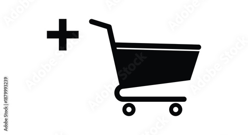 A simple black silhouette displays a shopping cart accompanied by a plus sign representing additions to online orders or purchases silhouette