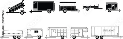 Blue trailer silhouettes set, commercial truck trailers, utility transport vehicles, vector illustration collection, isolated on white background, for logistics delivery construction 