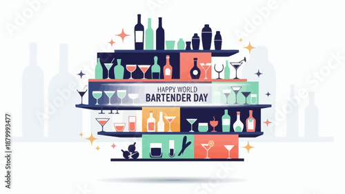 Happy World Bartender Day Celebration on Bar Shelf with Drinks and Glasses.