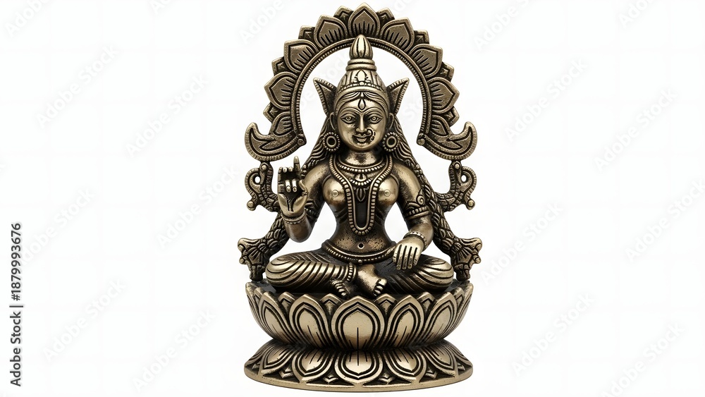 Obraz premium Metallic hindu goddess murti idol statue sitting on lotus flower base religious worship object