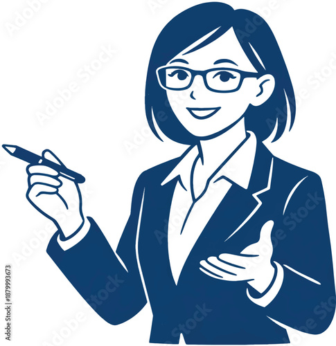 Businesswoman in suit pointing with pen and gesturing, illustration
