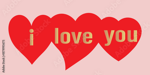 Golden 'I love you' text on red hearts, romantic Valentine's Day greeting card design.