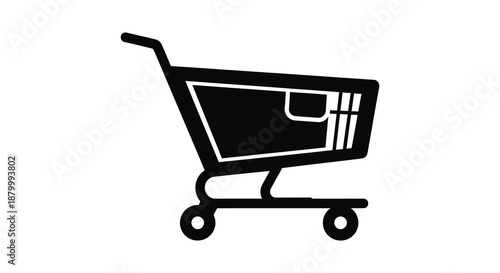 A stark black silhouette of a shopping cart is prominently displayed against a pure white background conveying simplicity and consumerism silhouette