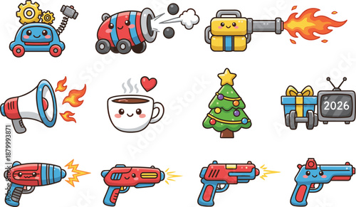 Cute cartoon weapon icons set, colorful robot blasters megaphone coffee cup christmas tree gift box, playful doodle style illustration, game ui stickers, fun vector art
