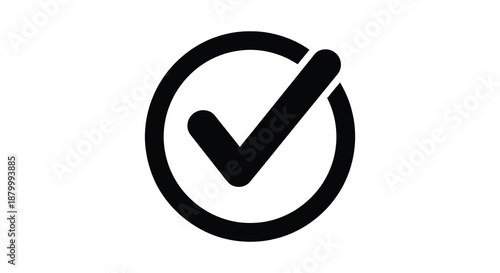 A simple black circular design with a prominent checkmark inside suggesting completion or validation presented as a silhouette high quality professional