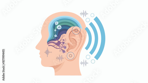 Human Head Anatomy Showing Ear and Brain Function with Sound Waves.