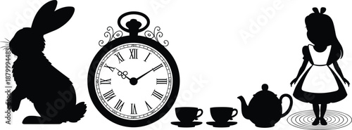 Fantasy storybook silhouettes with rabbit pocket watch tea cups teapot curious girl fairytale time concept illustration isolated white background whimsical classic nursery art design