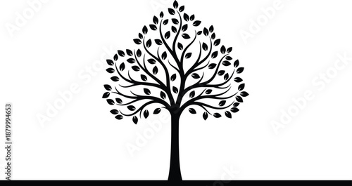 Stylized black tree silhouette with curved branches and leaves, minimalistic nature design for decorative, symbolic, abstract, or conceptual use