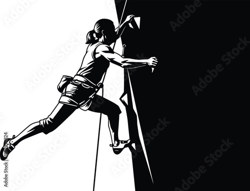 Vector illustration of rock climber scaling cliff face with rope harness gear, extreme sport silhouette, outdoor adventure strength and balance