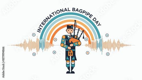 International Bagpipe Day Celebration with Musician and Rainbow Sound Waves.