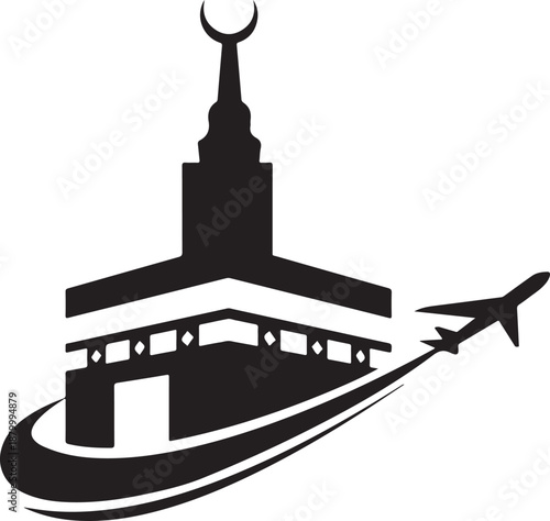 Vector illustration of a travel icon featuring a plane silhouette flying over a cruise ship and cargo boat on the sea near a city bridge and tower
