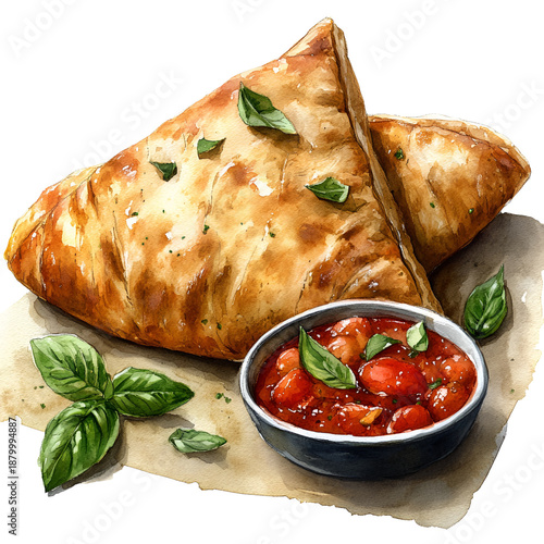 Triangle shaped baked food with salsa and basil