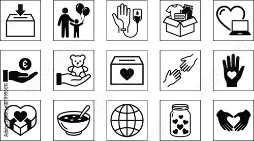 Black And White Vector Icon Set Of Charity And Donation Featuring Helping Hands Heart Symbols Food Banks Blood Donation Toy Giveaways And Humanitarian Support
