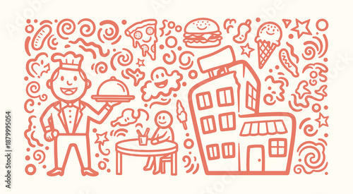 Hand drawn doodle restaurant illustration with chef, cafe building, food icons and playful decorative elements