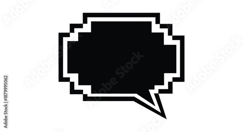 A stark black speech bubble with a jagged pixelated border stands out against a plain white background creating a bold silhouette