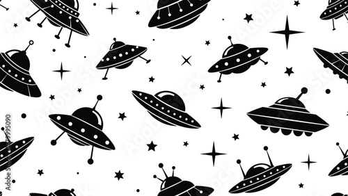 Whimsical UFO and Flying Saucer Pattern with Stars in Space – Black and White Alien Spaceship Vector for Sci-Fi Design