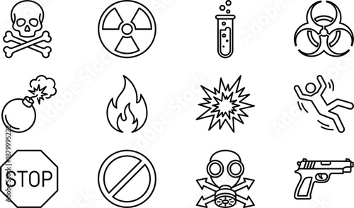 Black And White Vector Icon Set Of Hazard Warning Signs Featuring Skull And Crossbones Radiation Biohazard Bomb Fire Explosion Gas Mask And Weapon Symbols