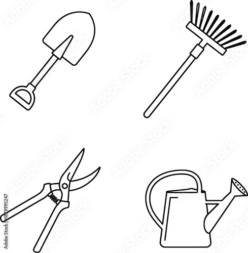 Collection of garden equipment icons showing watering can and shears
