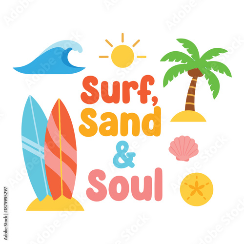 Colorful beach scene with surfboards palm tree and sun sand soul