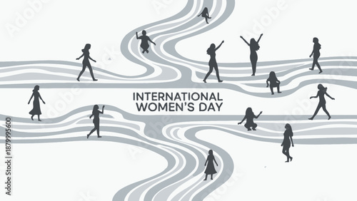 International Womens Day Celebration Diverse Women Silhouettes Flowing River.