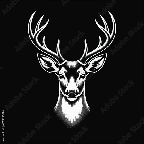 Majestic deer head with large antlers in monochrome on black background Keywords: deer, stag, buck, head, antlers, majestic