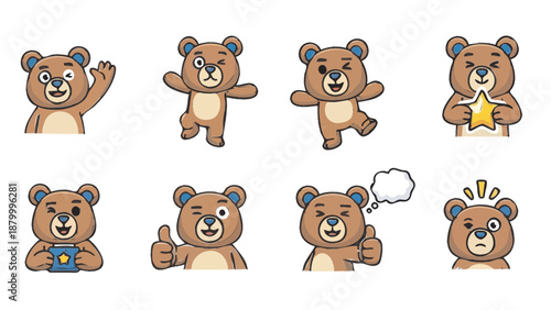 Cute cartoon bear character set with various emotions and actions.