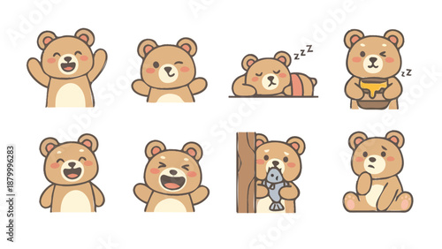 Cute cartoon bear character set with various emotions and actions.