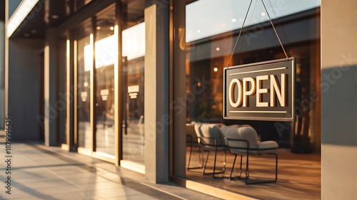 Open sign hanging on modern shop storefront with glass windows and sunlight
