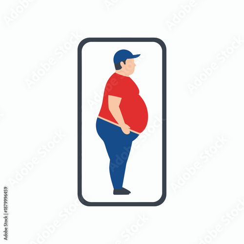 Obese Man Silhouette Inside Smartphone Screen Representing Health Issues.