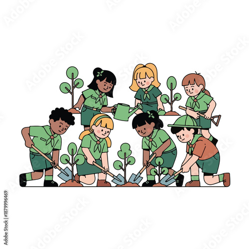 Group of diverse scouts planting trees and saplings on World Scout Day with green uniforms and shovels in a lively outdoor setting.