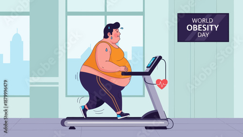 Obese Person Exercising on Treadmill for World Obesity Day.