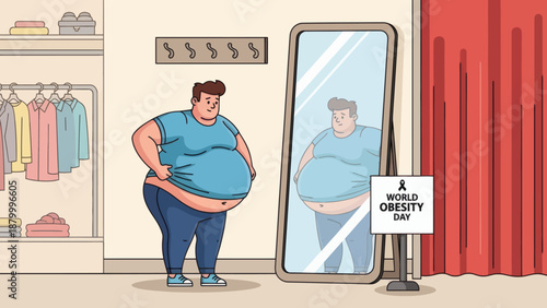 Obese Man Looking in Mirror on World Obesity Day.