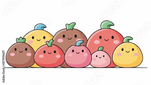 Cute Kawaii Fruit Characters Group Illustration.