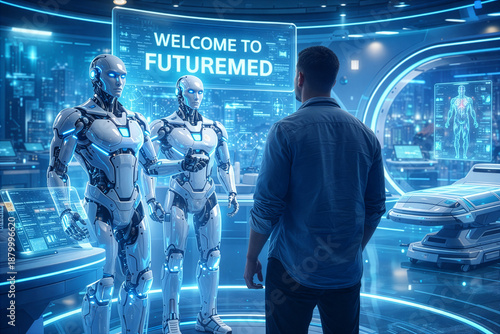 Futuristic AI Medical Reception with Humanoid Robots and Holographic Interface