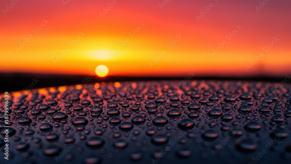 Fototapeta premium Sunset Reflections in Water Droplets