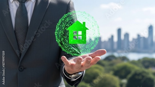 Businessman in a suit holds a green digital house icon over his palm with a cityscape.