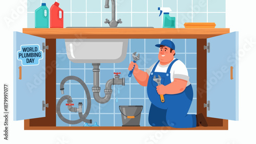 Plumber Working Under Sink Celebrating World Plumbing Day.