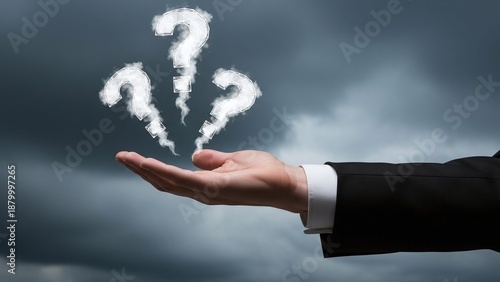 Businessman's hand holds up three smoke-like question marks against a dramatic stormy sky.
