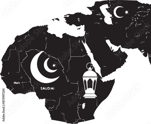 Ramadan kareem islamic cultural symbols montage over a map of the middle east